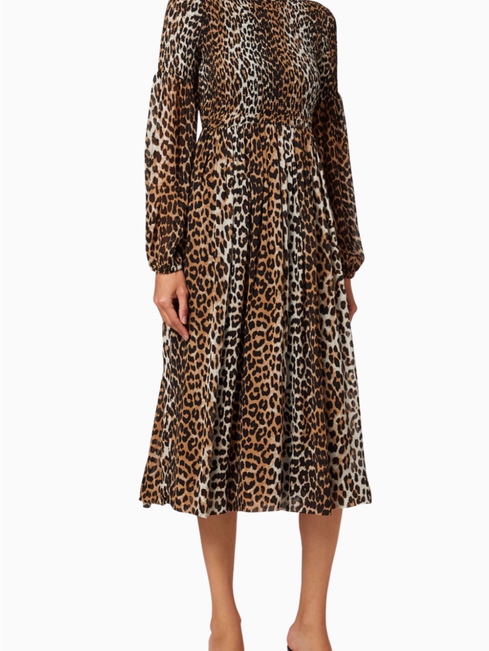 Ganni Leopard Smocked Midi Dress